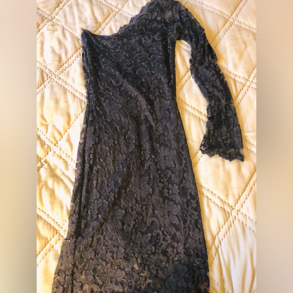 Brown lace asymmetrical shoulder long sleeve brown slim fitted dress Sz sm